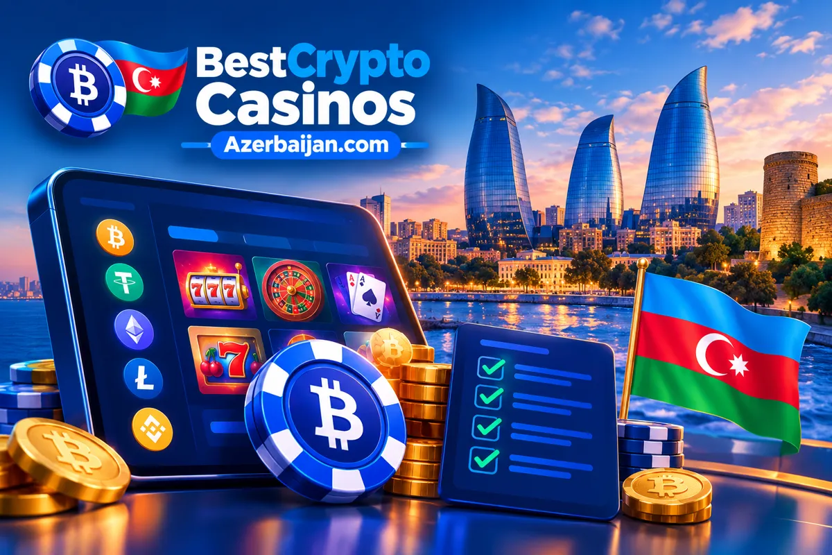 Crypto casino tablet with Bitcoin, USDT and Ethereum icons, chips and the Azerbaijan flag in front of the Baku Flame Towers